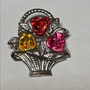 Vintage Silver Tone Floral Basket Brooch Pin with Red, Yellow, and Pink Accents